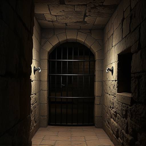 Imagen de una antigua celda penitenciaria con paredes de piedra, barrotes de hierro y poca luz.