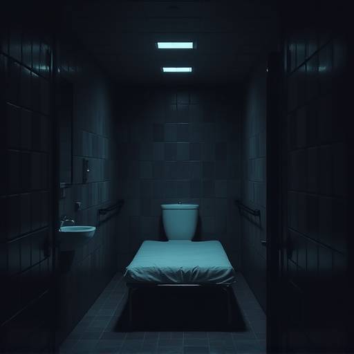 Imagen de una celda de aislamiento solitario oscura y austera, con una cama estrecha y un inodoro.