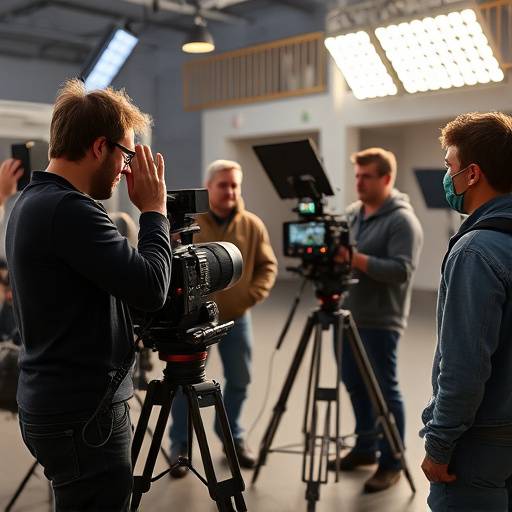 √âl√®ves travaillant sur un plateau de tournage lors d'un cours de cin√©ma, avec une cam√©ra et un √©clairage professionnel